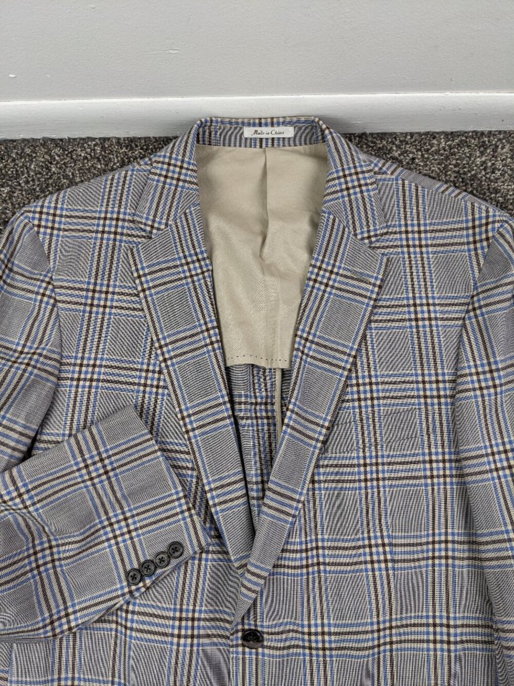 Peter Millar Sport Coat Wool Plaid Ivory Blue Brown Large (46R) NWOT?